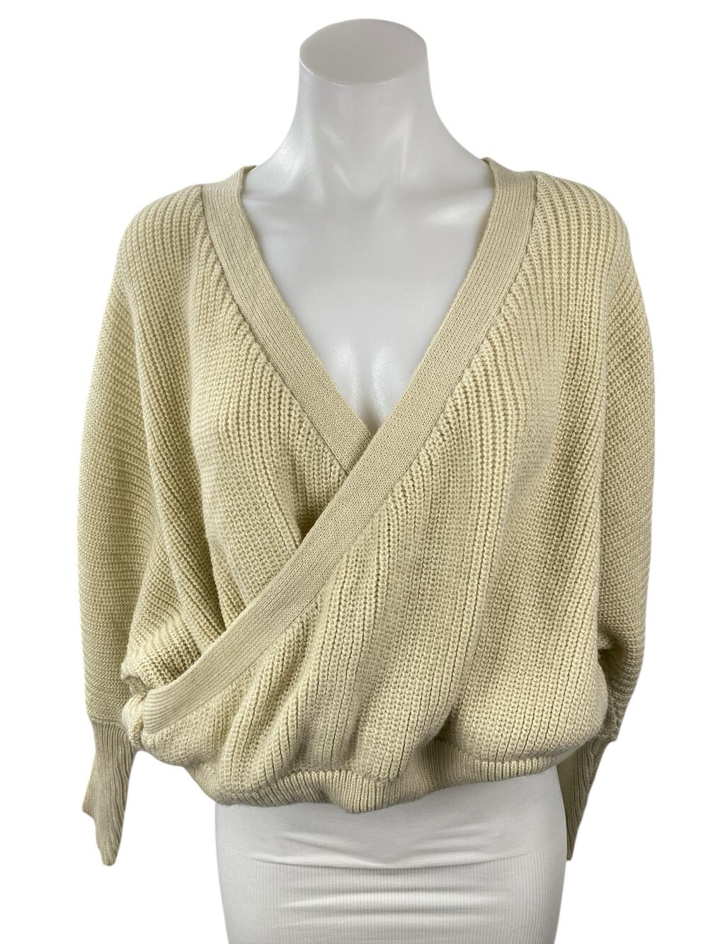 Berrylush Women's Cream Yellow Rubbed Knit Faux Wrap Long Sleeve Sweater Top S
